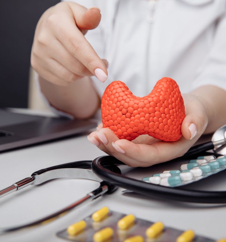 Female doctor showing a patalogy on model of thyroyd gland. Protection, treatment, prevention and patronage health in endocrinology of thyroid gland concept.